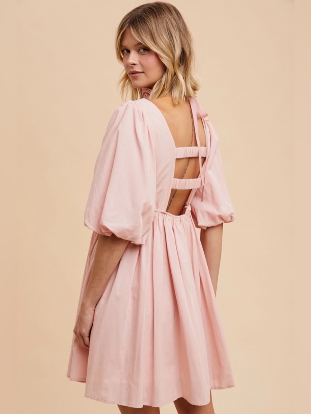 In Bloom Soft Pink Puff-Sleeve Open-Back Mini Dress